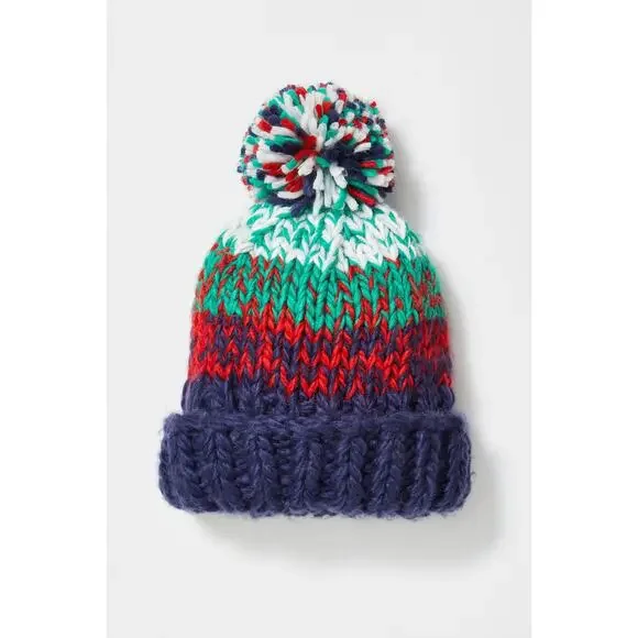 Free People Tide Stripe Knit Pom Beanie Navy Multi Fair Isle Nordic Boho Winter - Picture 3 of 6